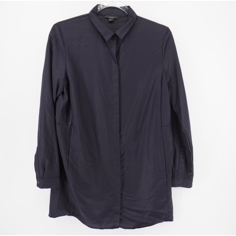 COS Navy Blue 100% Wool Longline Hidden Button Down Shirt US 8 Minimalist Career